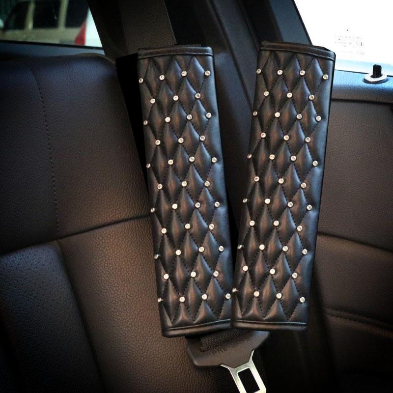2pcs Universal Crystal Crown PU Leather Car Seat Belt Cover Diamond Shoulder Pad Car Styling Seatbelts Pad Car Accessories