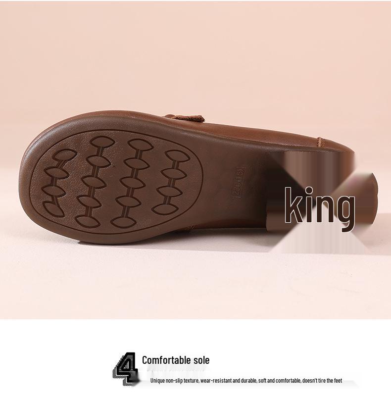 Women's Retro Low Heel Cowhide Shoes: Comfortable, Versatile, Non-Slip Soft Sole, Ideal for Commuting.