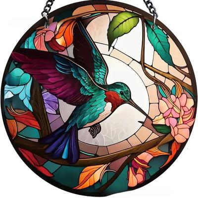 Kreativer Kolibri Buntglas Fenster Hängender Suncatcher Acryl Schilder Dekoration Runde Girlande Dekoration Veranda Dekoration