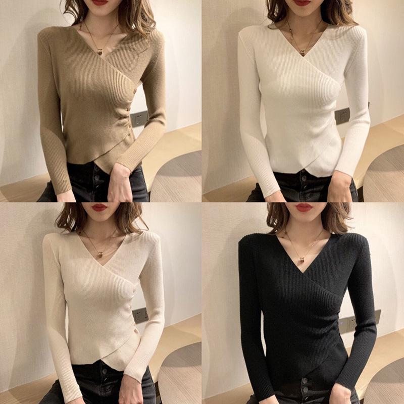 Damen V-Ausschnitt Slim Fit Langarm Strickpullover - Herbst/Winter 2025 Koreanischer Stil