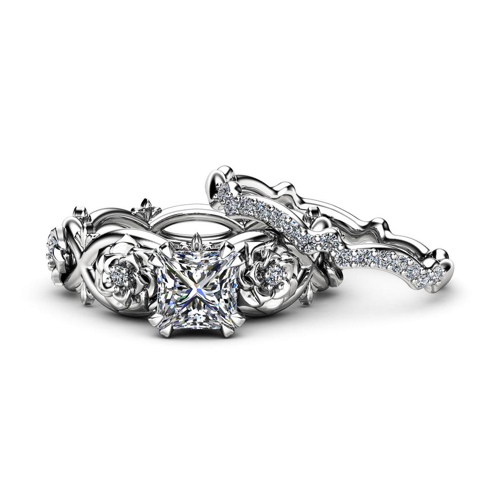 2Pcs/set Fashion Lotus Flower Bridal Set Rings for Women With Full Shiny Crystal Zircon Rings Female Wedding Engagement Jewelry