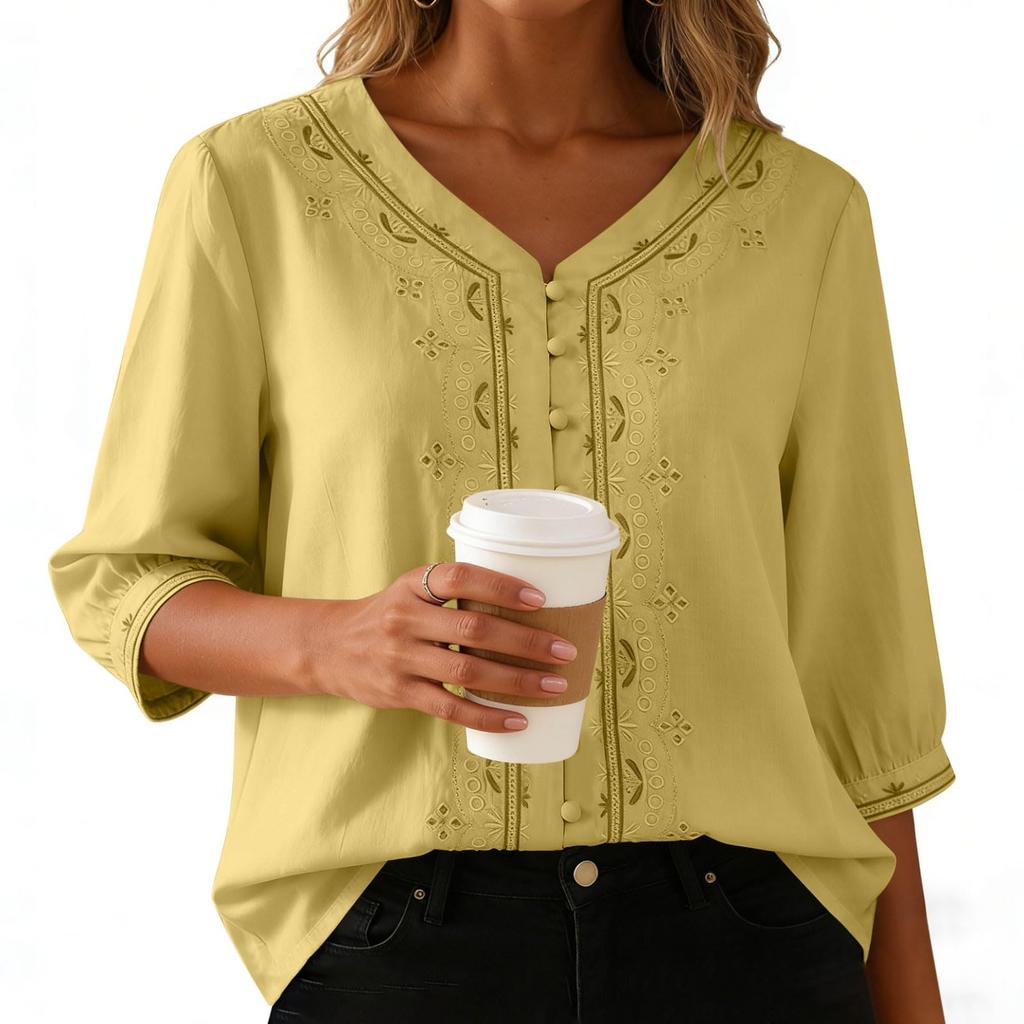 Hauts pour femmes en coton et lin Hauts Rétro à Boutons Chinois Manches 3/4 Col en V Chemises