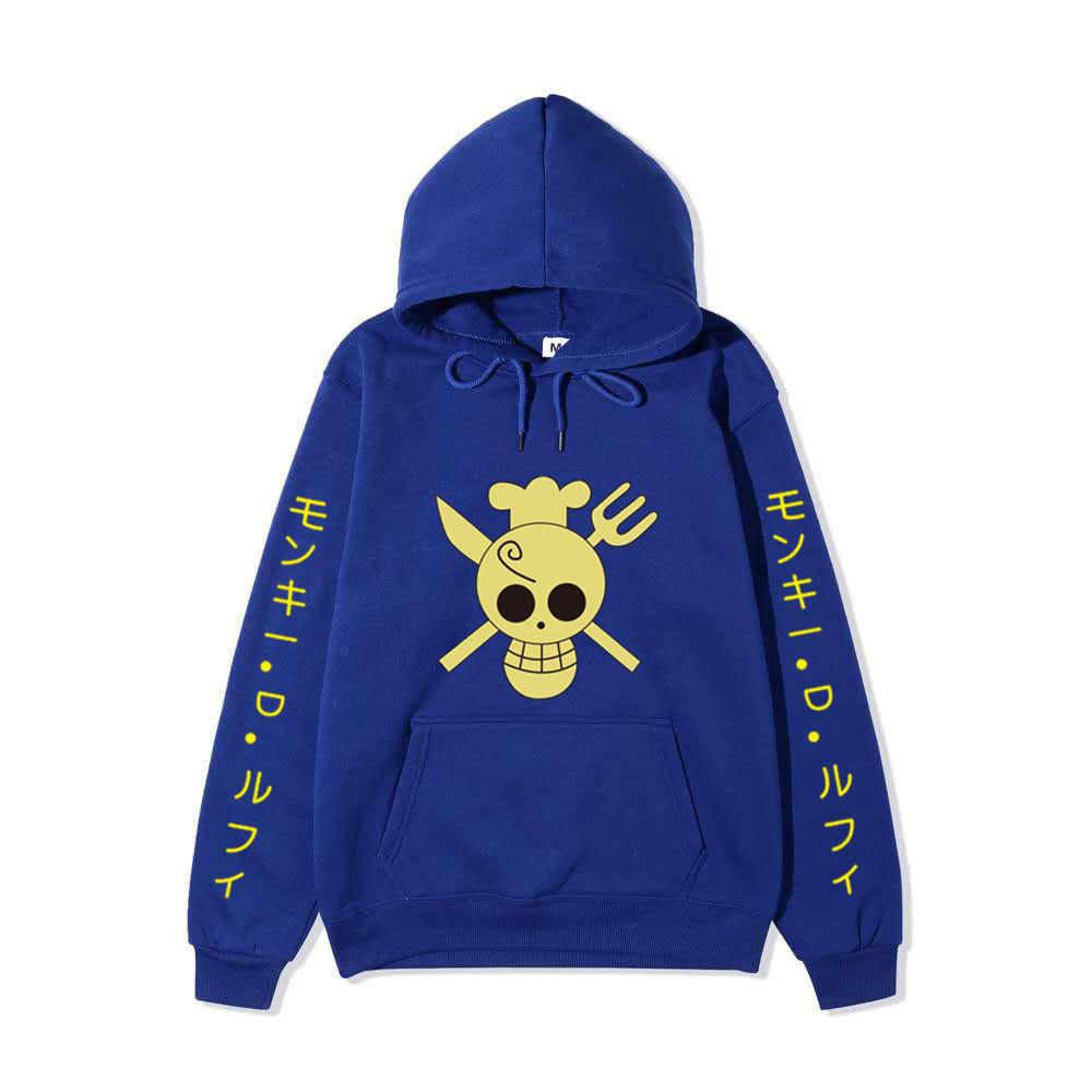 One Piece Sanji Hoodie, Chef Pirate Skull Logo Japanese Letter Sleeve Print Pullover Sweatshirt Unisex Streetwear