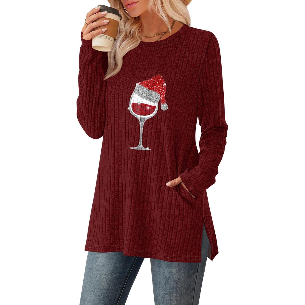 Women's Gradient Printed Round-neck Long-sleeved Top With Pockets And Side Slits