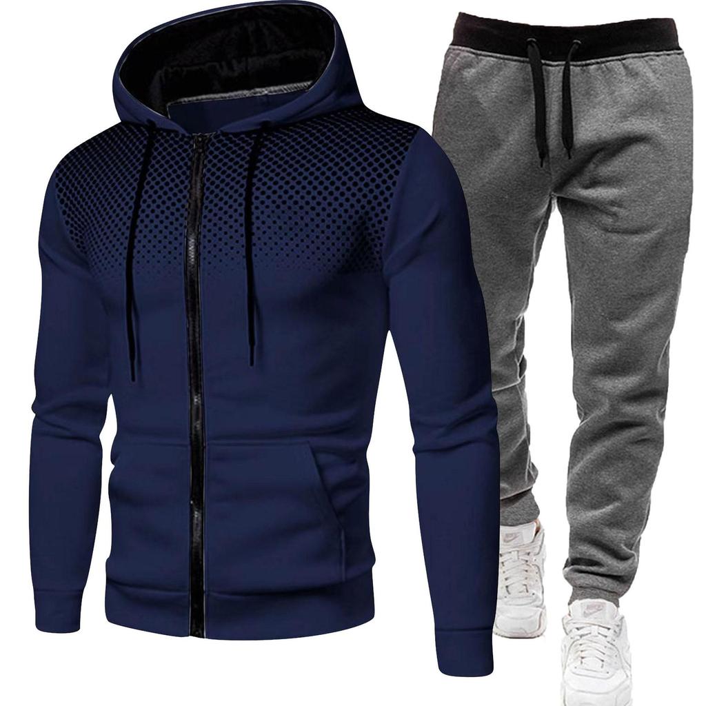 Unisex Fleece-Lined Polka Dot Zipper Hoodie Set for Autumn/Winter