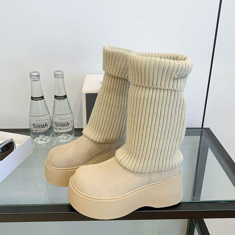 2025 Elastic Knit Sock Boots: Single-Sided Lining, Casual Autumn/Winter, Versatile Streetwear, College Style, Brown.