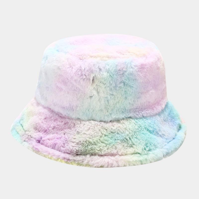 New Cute Girl Rainbow Plush Fisherman Hat Children Winter Small Fresh Warm Basin Hat Tide