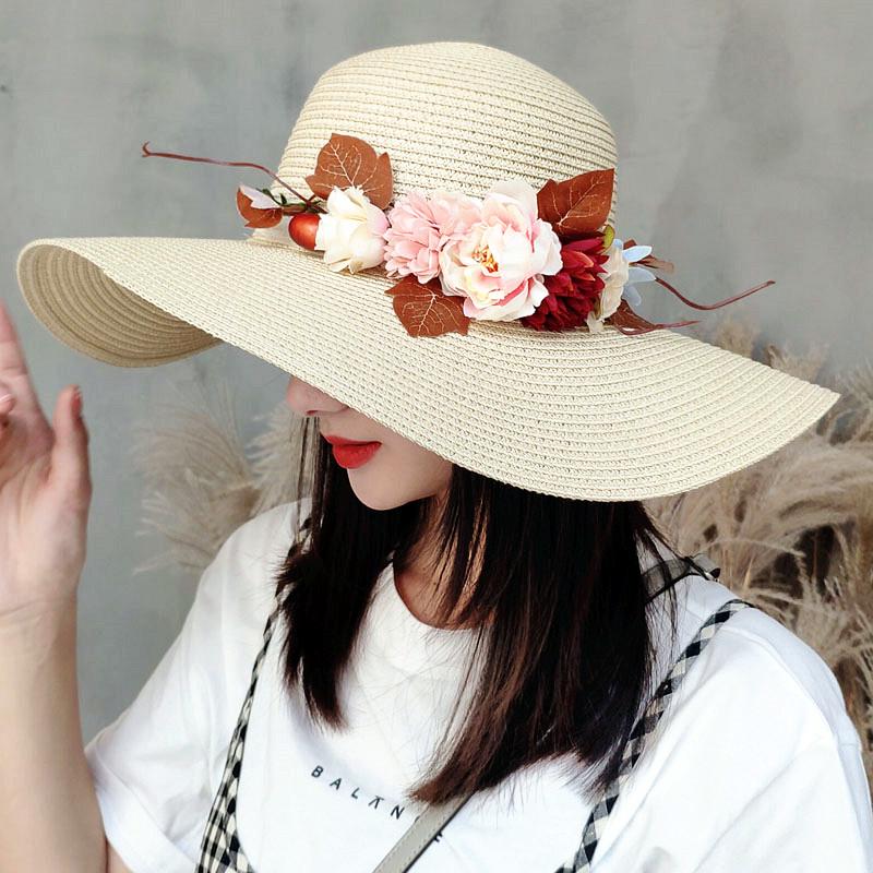 Damen Koreanischer Stil Breiter Rand Faltbarer Stroh-Sonnenhut - Sommer Strand Reise Schutz