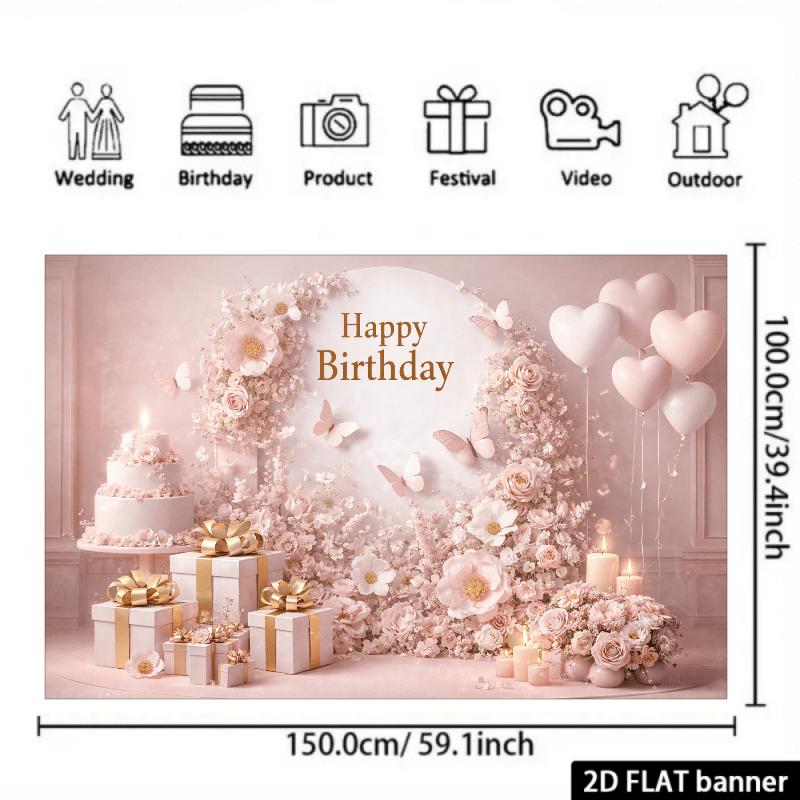 2D Planar Elegant Birthday Celebration Background Fabric, for Interior Decoration, Parties, Made of Durable Polyester Material