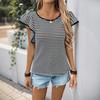 Damen Sommer Gestreift Mode Rundhals Kurzarm T-Shirt Top