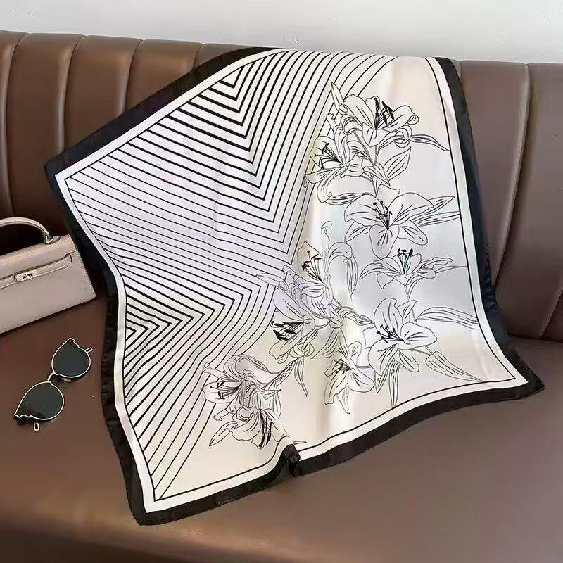 Neuer 70 * 70 cm quadratischer Schal im koreanischen Stil, Seidenschal, Ganzjahres-Sonnenschutzschal, Tasche binden, Stirnband, vielseitig
