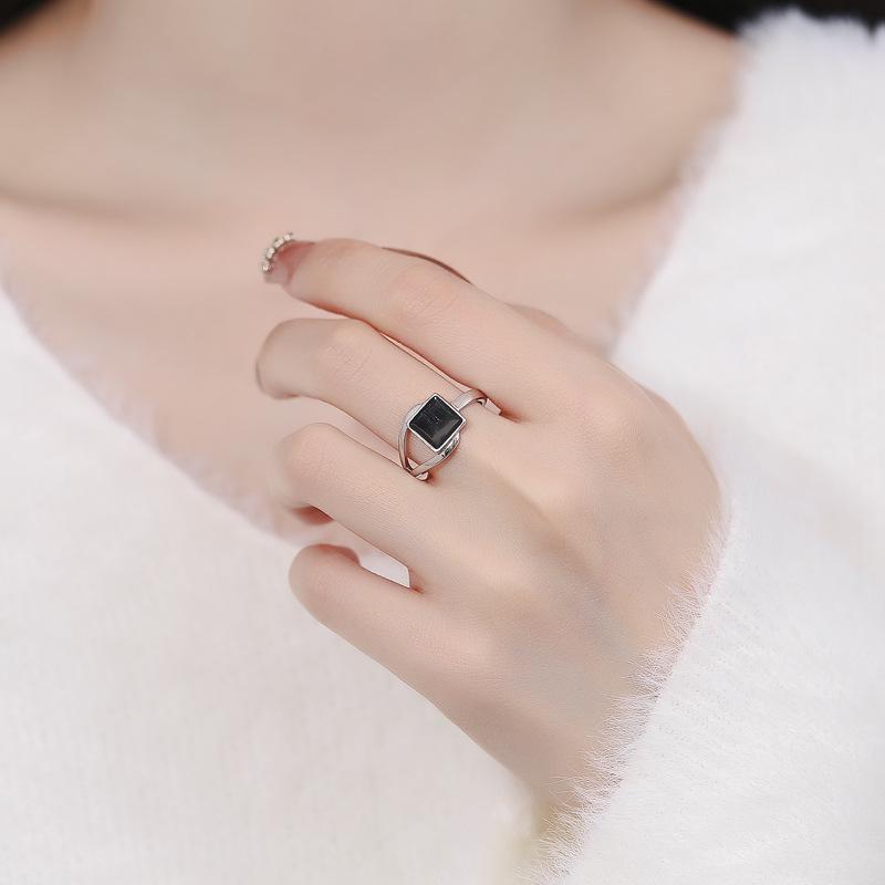 925 Sterling Silver Black Square Ring - Women's Retro Niche Design, Cool Style, Open Adjustable for Index Finger