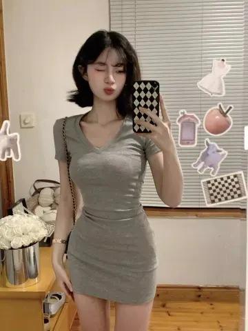 Pure Desire Spice Girl Gray V-neck Tight Dress Women's Summer New Waist Slim Slim and Thin Hip-wrapped Short Skirt