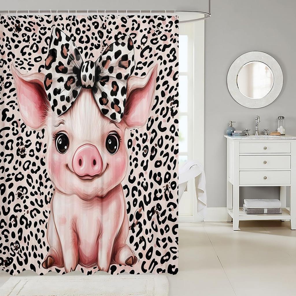 Cartoon Pig Shower Curtain Leopard Bow Bath Curtain for Boys Girls Teens Lovely Animal Cheetah Bathroom Shower Curtain Set