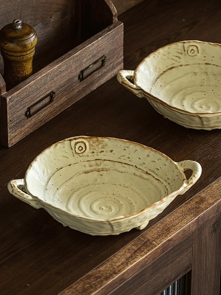 Coarse earthenware plate, Japanese retro ceramic double-ear plate, salad plate, household handcrafted fruit plate, salad bowl