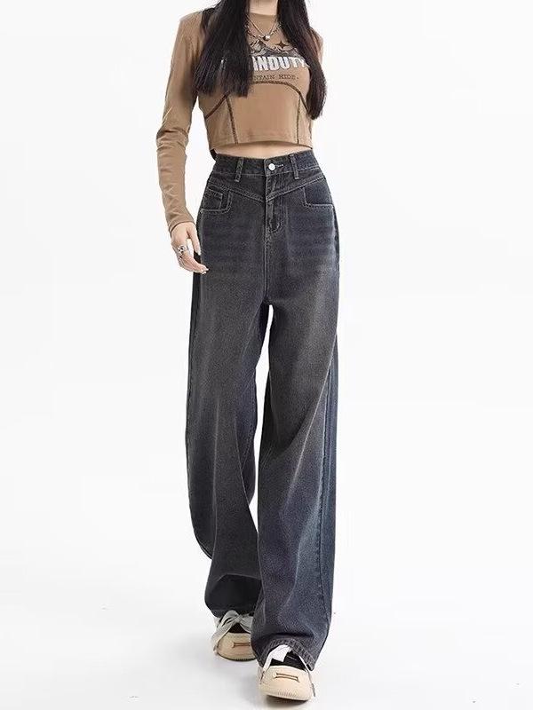 2024 Women s High-Waisted Straight-Leg Wide Jeans, Starry Sky Pattern, Retro Distressed Wash, Summer Style L