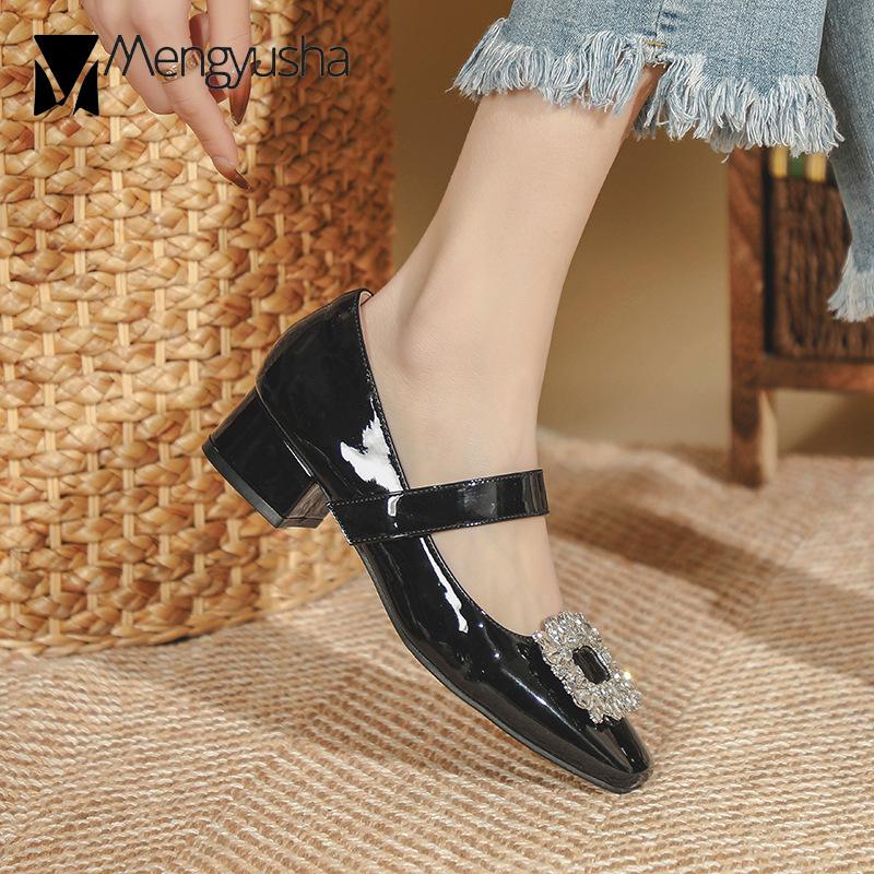 Fashion Brand Crystal Buckle High Heels Women Chunky Heel Mary Jean Pumps Leather Belt Strap Lolita Shoes Retro Ladies All Match Loafers