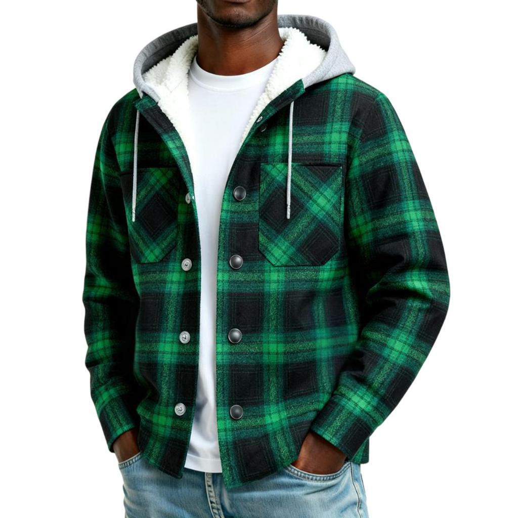 Men's Striped Plaid Casual Loose Button Lapel Long Sleeve Hooded Cardigan Shirt Jacket