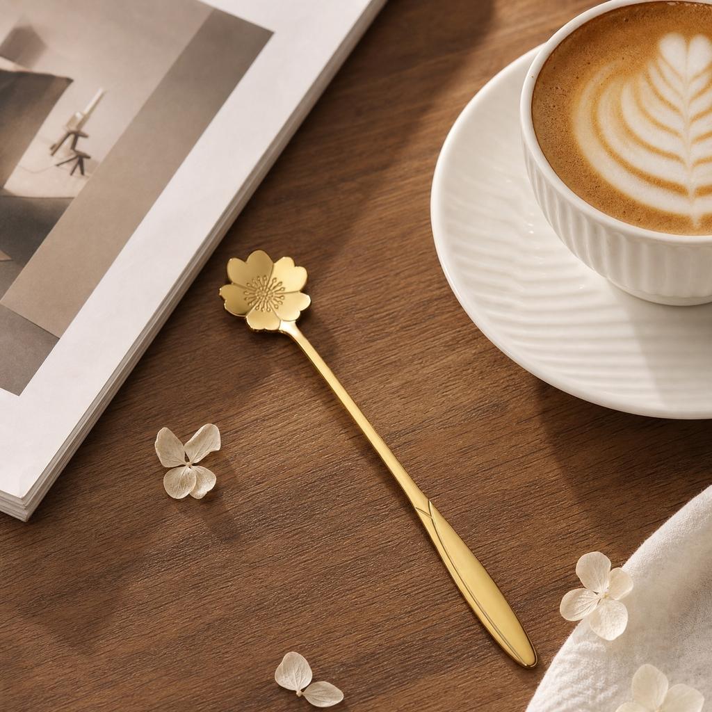 Stainless Steel Long Handle Coffee Spoon Flower Shaped Dessert Mixing Spoon for Kitchen Cafe Home Use Durable Design