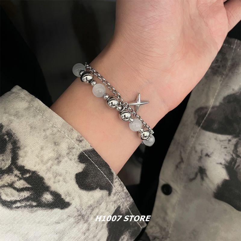 

Браслет мужской из титановой стали с двойным слоем и крестом «Кошачий глаз», дизайн для особых интересов, парный браслет, хип-хоп, новый китайский стиль, украшение Cat-eye Cross Double-layer Bracelet