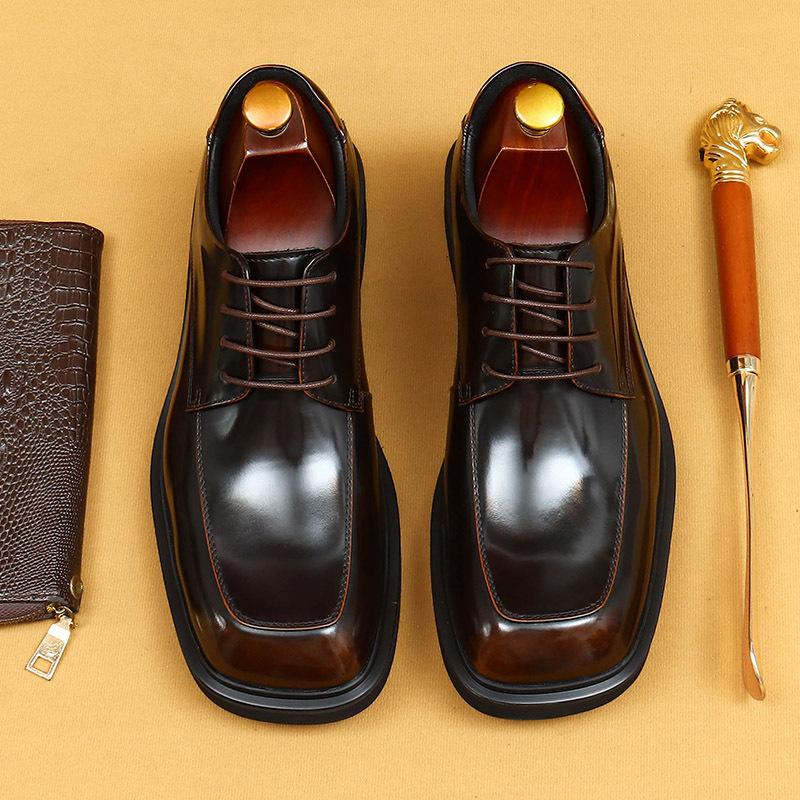 Big Head Helle Lederschuhe Square Head Plateau Britische Lackleder Glanzschuhe Business Casual Derby Schuhe