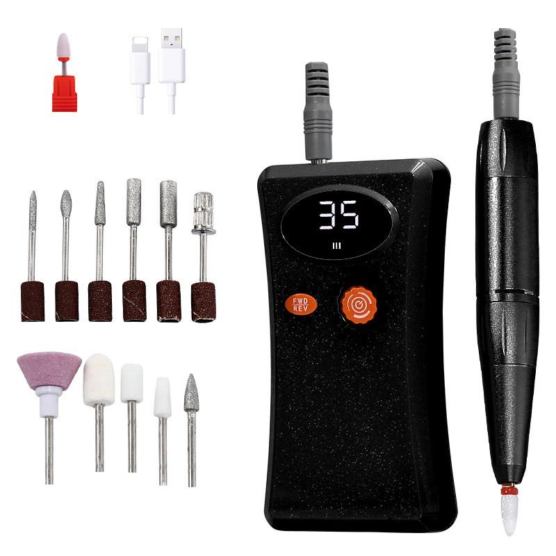 

Электрическая дрель для маникюра, 35000 об/мин, со светодиодной аккумуляторной шлифовальной машинкой для салонного гель-лака для ногтей, профессиональный инструмент USB чёрный