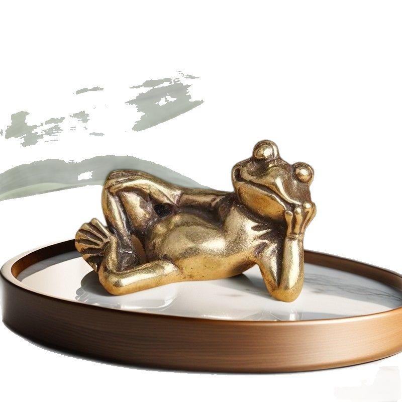 Funny Brass Lying Thinking Frog Miniature Figurines Toys Desk Ornaments Decors Crafts Accessories Vintage Copper Animal Tea Pets