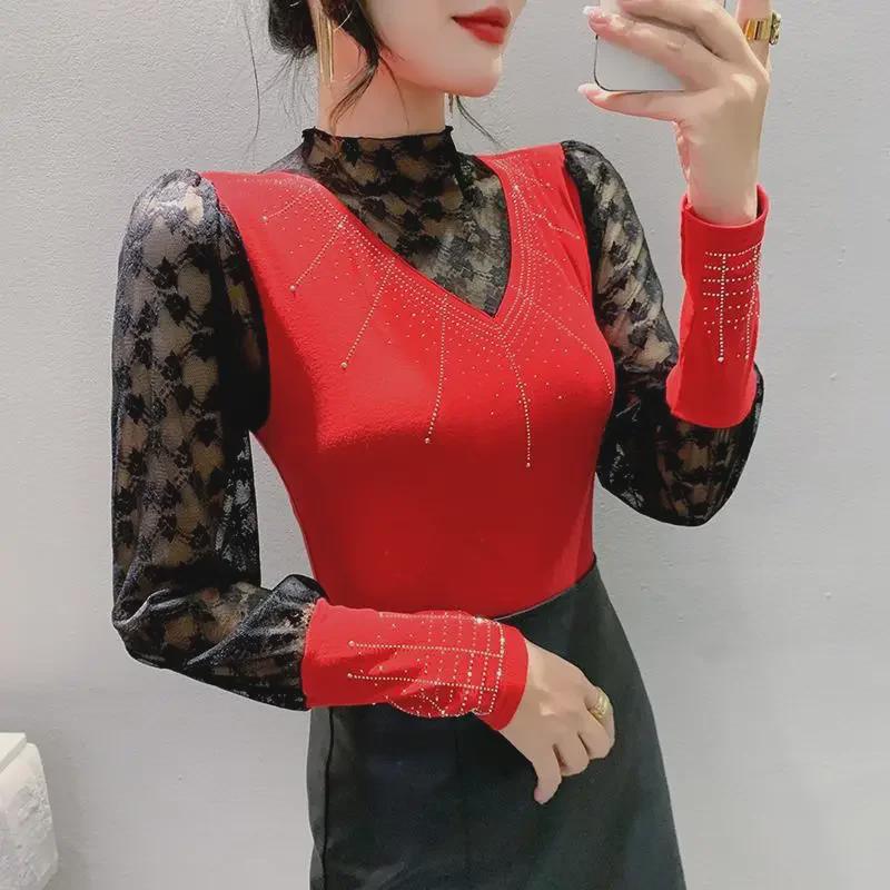 2023 Herbst Europäisches Slim-Spitzen-Langarm-Damenhemd mit Hot-Drilling-Design