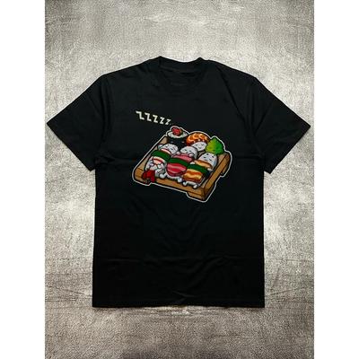 200 Grams Cotton Men's Black Round Neck Short Sleeve T-shirt, Cartoon Sushi Pattern, Hot Stamping Print, Daily Casual