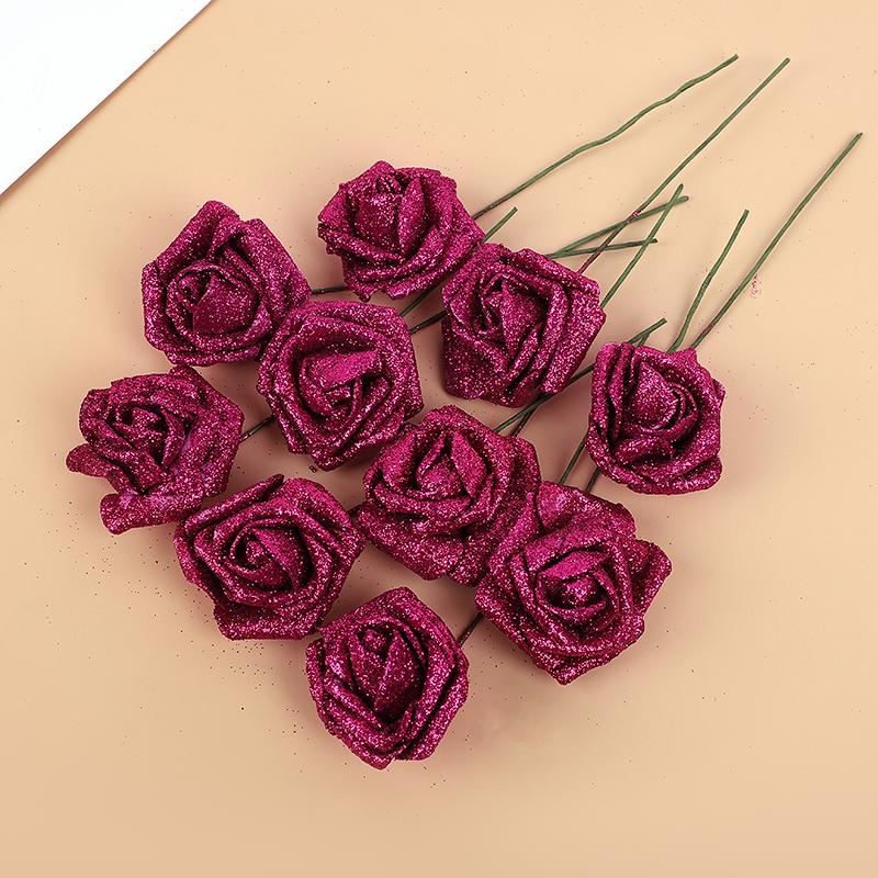 5/10pcs 6cm Glitter Foam Rose Artificial Flower Branch Bridal Bouquet Fake Flower DIY Wreath Craft Wedding Party Home Decor