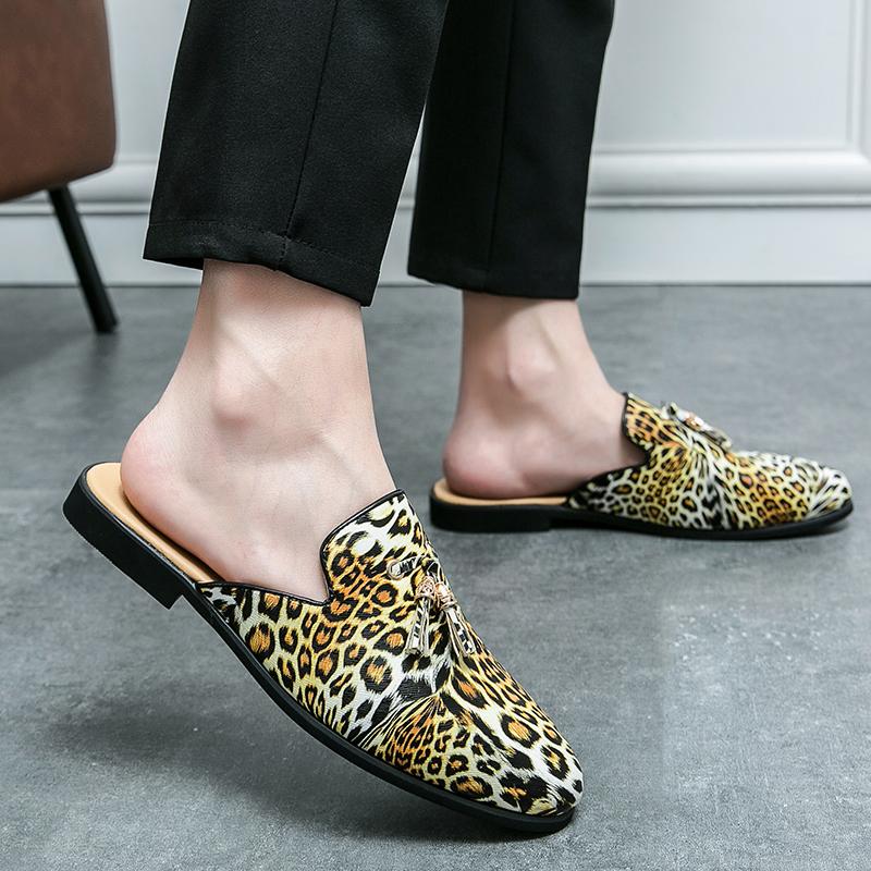 Fashion Summer Slip On Half Shoes For Men Leather Slippers Casual Mules Breathable Comfy Loafers Big Size Moccasins Leopard Fashion