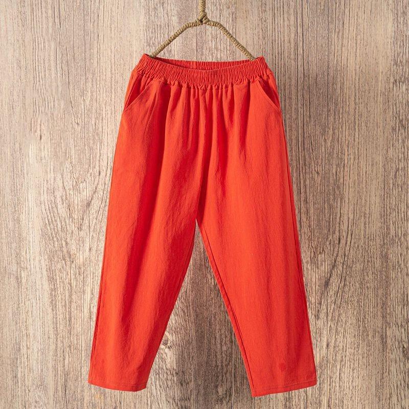 Solid Color Cotton Linen Straight Leg Loose Nine-Point Pants for Summer – Plus Size, Thin Style, for Middle-Aged and Elderly Women