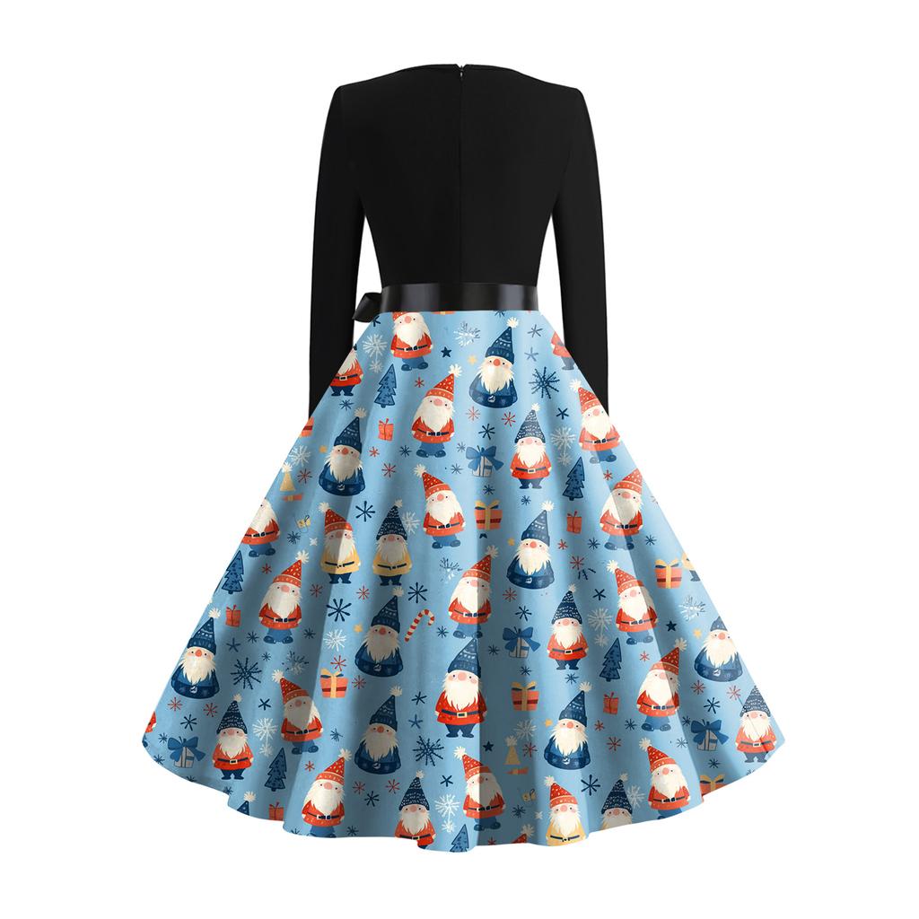 Rochie Retro cu Imprimeu de Crăciun, cu Mâneci Lungi și Decolteu în V, pentru Femei, Stil Casual, Modă