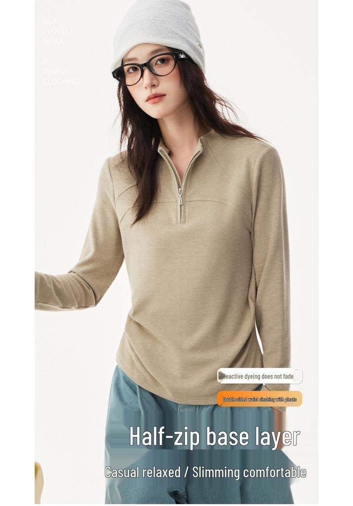 Women's Waist-Cinched Half-Zip Fleece Sweatshirt - Slimming Stand Collar Outerwear for Autumn/Winter