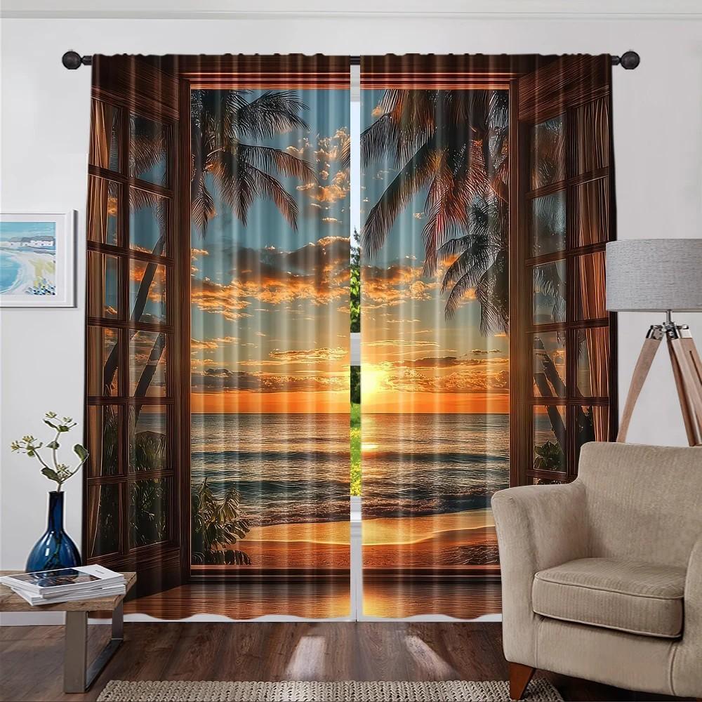 Set Of 2 Jit Scenic Palm Trees Window Curtain Drapes Polyester Living Room Decor Holiday Curtains Darkening Made Treatment