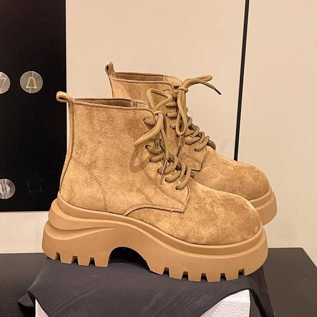 Thick-soled heightening Martin boots women's 2025 autumn new front lace-up retro locomotive boots small lace-up short boots