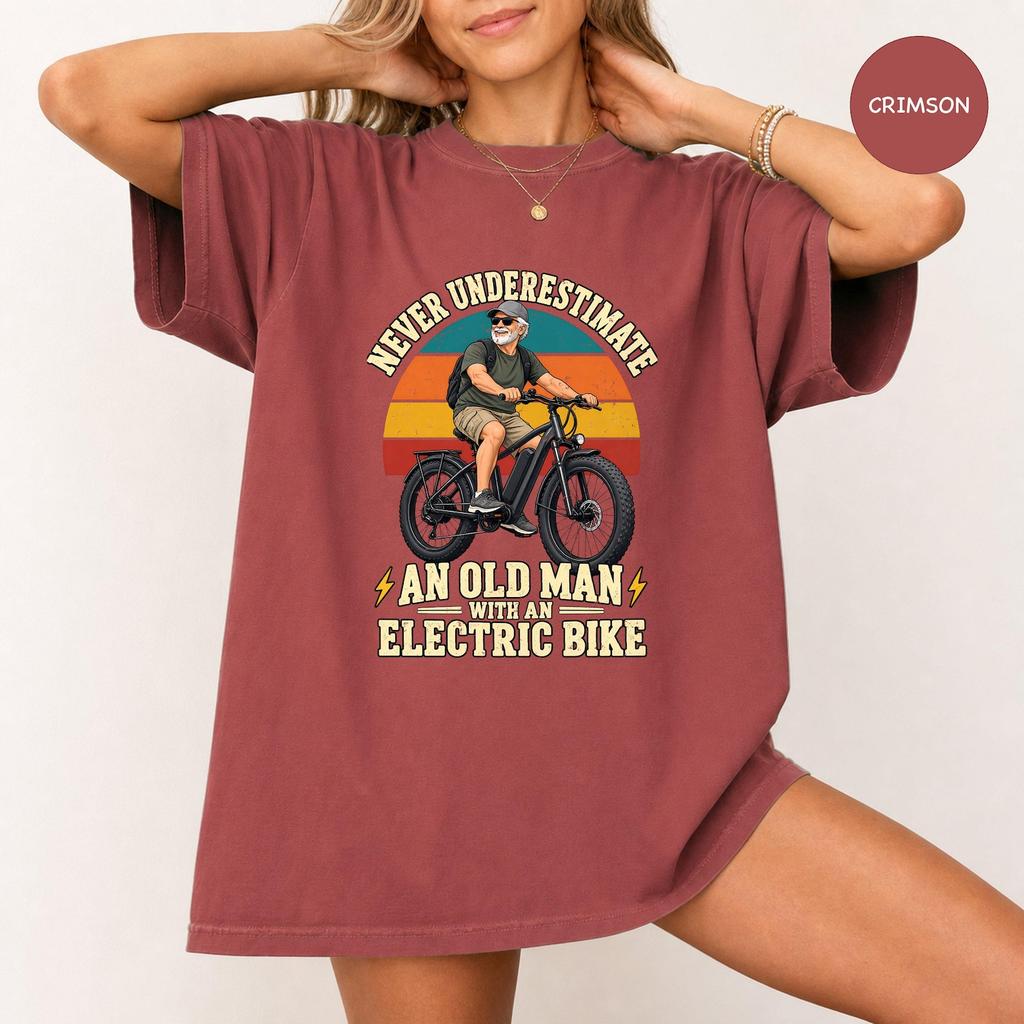 Grandpa Shirt, Never Underestimate an Old Man with an Electric Bike Tee, Comfort Colors® Retro Cycling Gift, Funny Retirement Gift