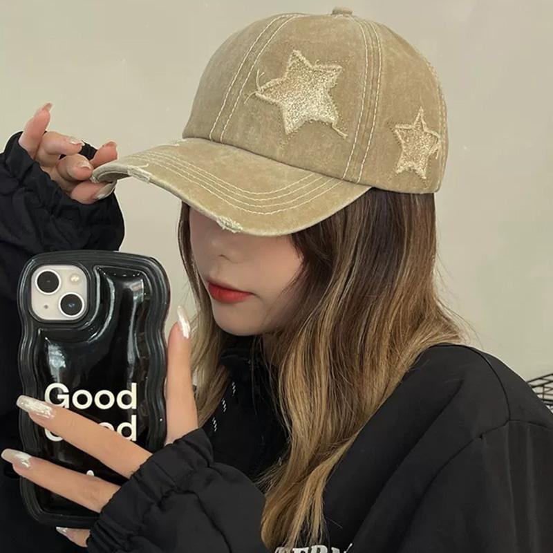 Ripped Shiny Braided Ponytail Cap, Glittering Star Baseball Cap, Washed Vintage Hat, Women's Sports Sun Hat