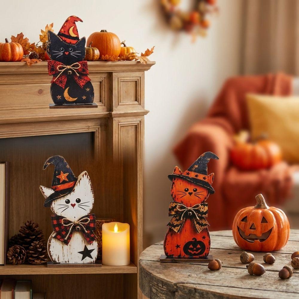 3Pcs Autumn Vintage Black Cat Tabletop Sign Witch Hat Cat Table Ornament  Autumn Harvest