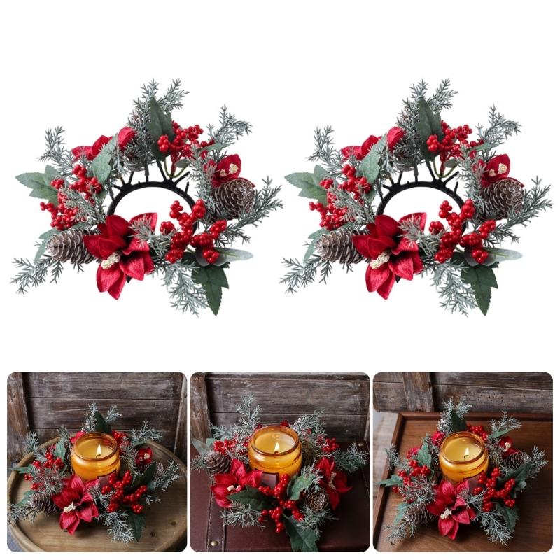 Door Wall Window Christmas Ornament Artificial Pinecone Candlestick Wreaths with Red Berries & Leaf Table Centerpiece