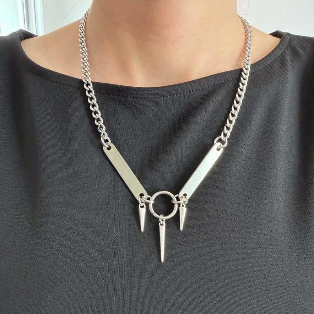Gothic Punk Cone Spike Cuban Chain Necklace V-shaped Metal Pendant for Men Women Alternative Streetwear Aesthetic Jewelry Gifts