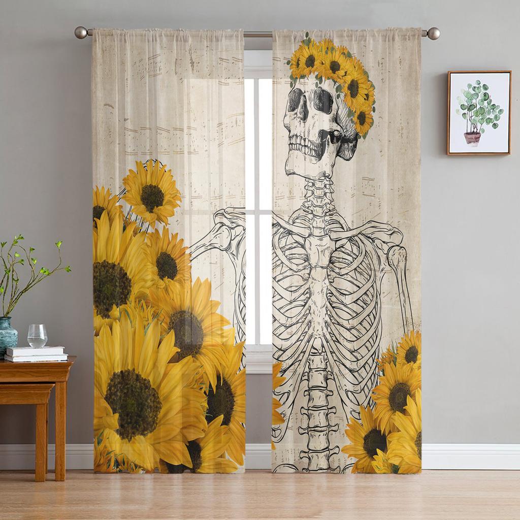 Skull Black Sheer Curtains Window Tulle Curtains For Living Room Bedroom For Kitchen Veiling Curtains Decoration
