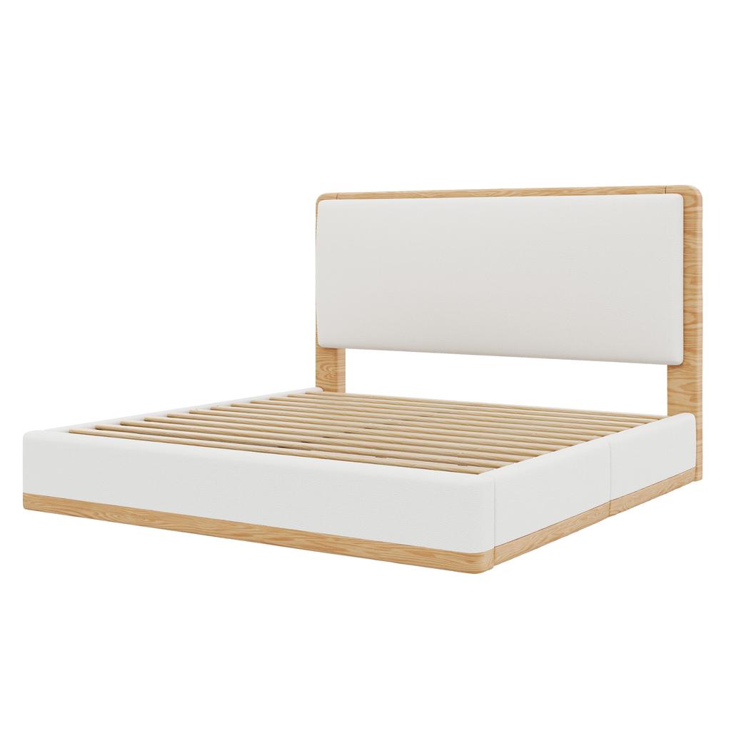140x200 Upholstered Platform Bed, White + Natural Wood Tone