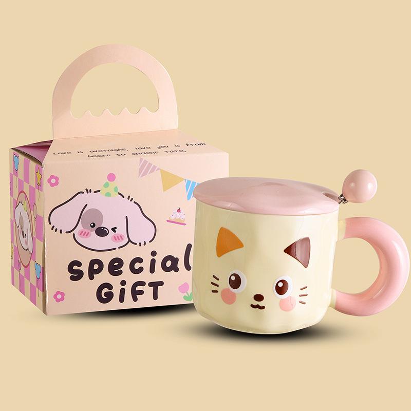 Cute Kitten Mug with Lid, Ceramic Water Cup, Cartoon Birthday Gift, High-value Appearance, Meaningful Present