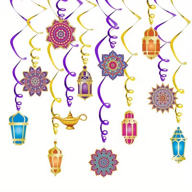 

12pcs Islamic Ramadan Hanging Swirls Eid Mubarak Lantern Petals Paper Garland Muslim Party Eid Ul-Adha Home Ceiling Decoration