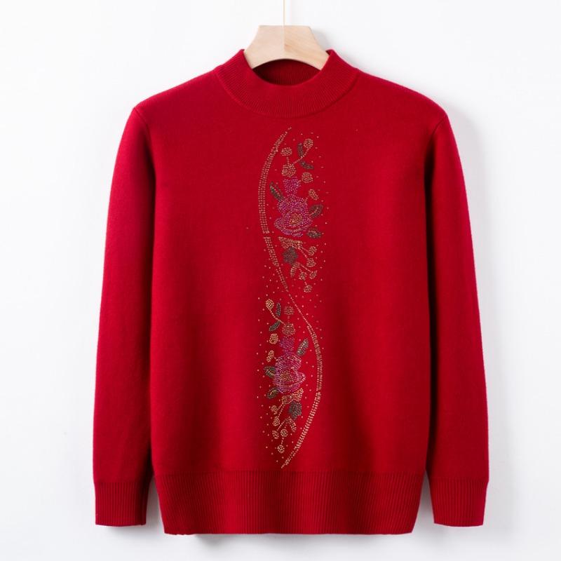 Medium and Elderly Women's Clothing Autumn and Winter Fleece Thickened Integrated Fleece Knitted Crew Neck Top Mother Clothing Warm Wool Clothes