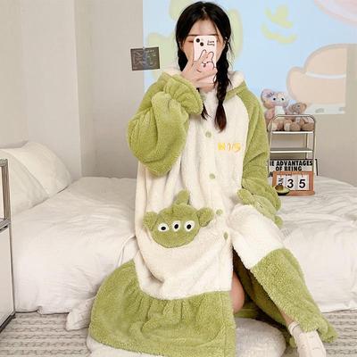 Three-Eyed Alien Coral Fleece Women's Pajamas: Cute, Thick, Plus Velvet Autumn/Winter Flannel Bathrobe (2025 Model)
