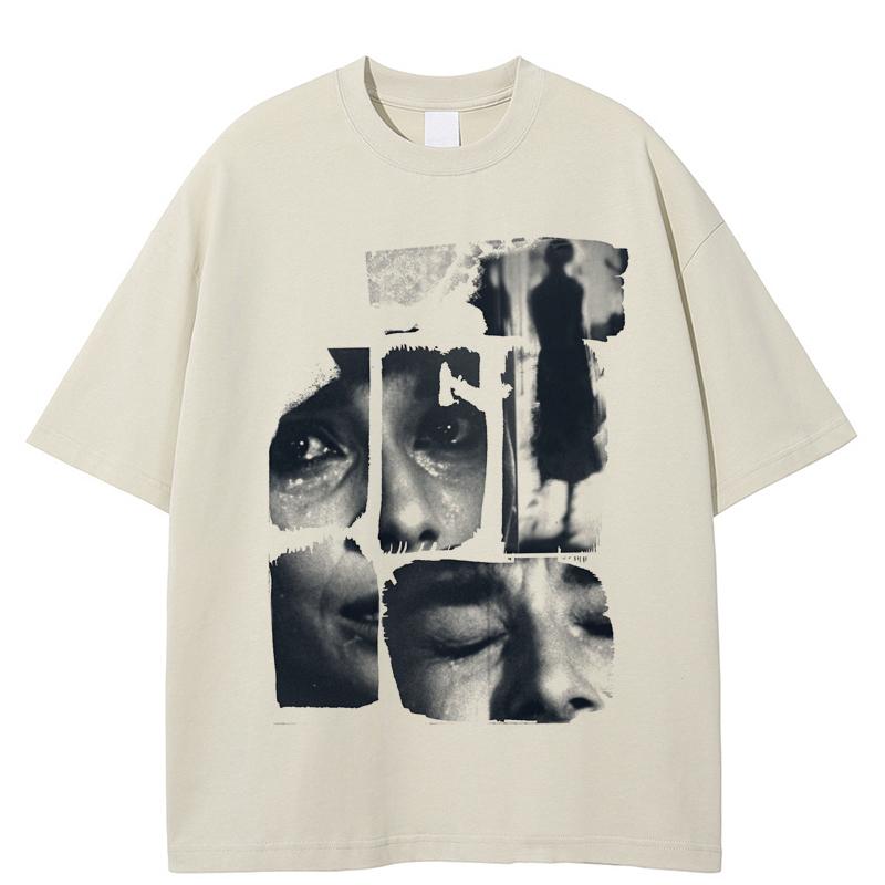 Dunkles Streetwear Eye Collage T-Shirt Vintage Schwarz Weiß Fotografischer Print Tee