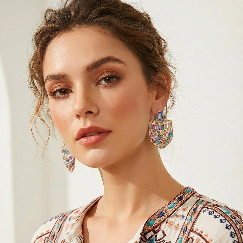 French court style colored rhinestone light luxury shield earrings, fashionable temperament niche design earrings