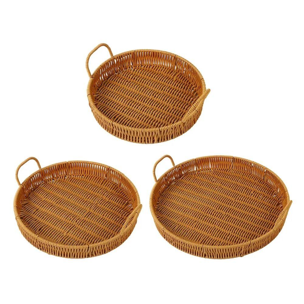 1 Pièce Panier en Rotin Tissé à la Main Forme Ronde Avec Poignée Plateau de Rangement Assiette Alimentaire Panier en Osier pour Fruits Légumes Gâteau